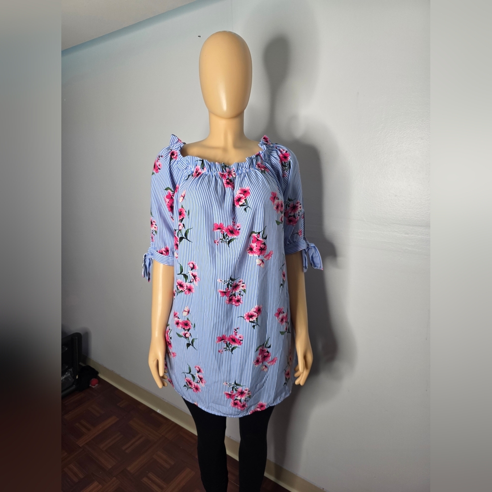 Love J Woman's Blue Striped Off-Shoulder Tunic with Pink Floral Print Size M